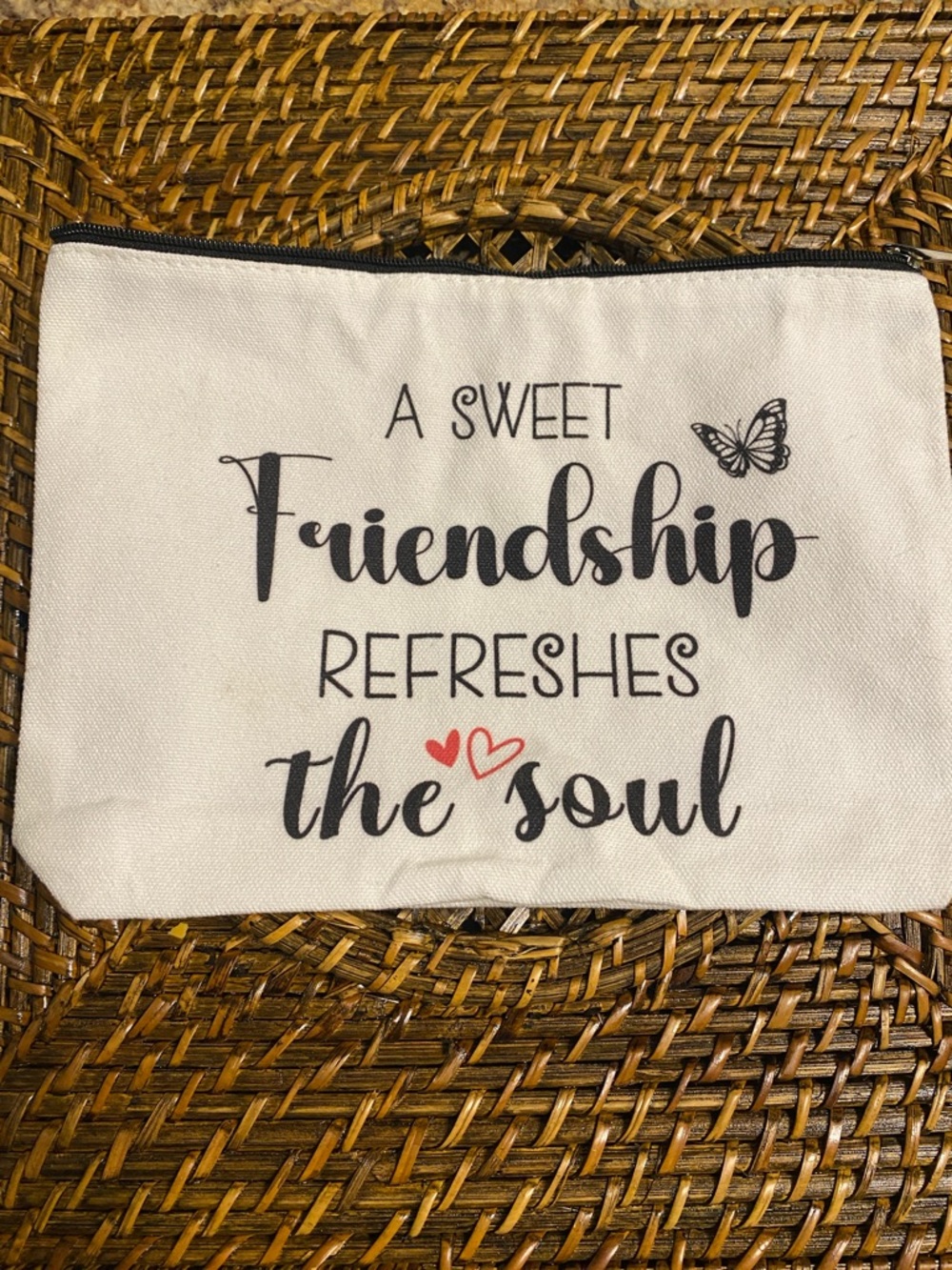 Friendship Quote Canvas Pouch - White with Black & Red Accents